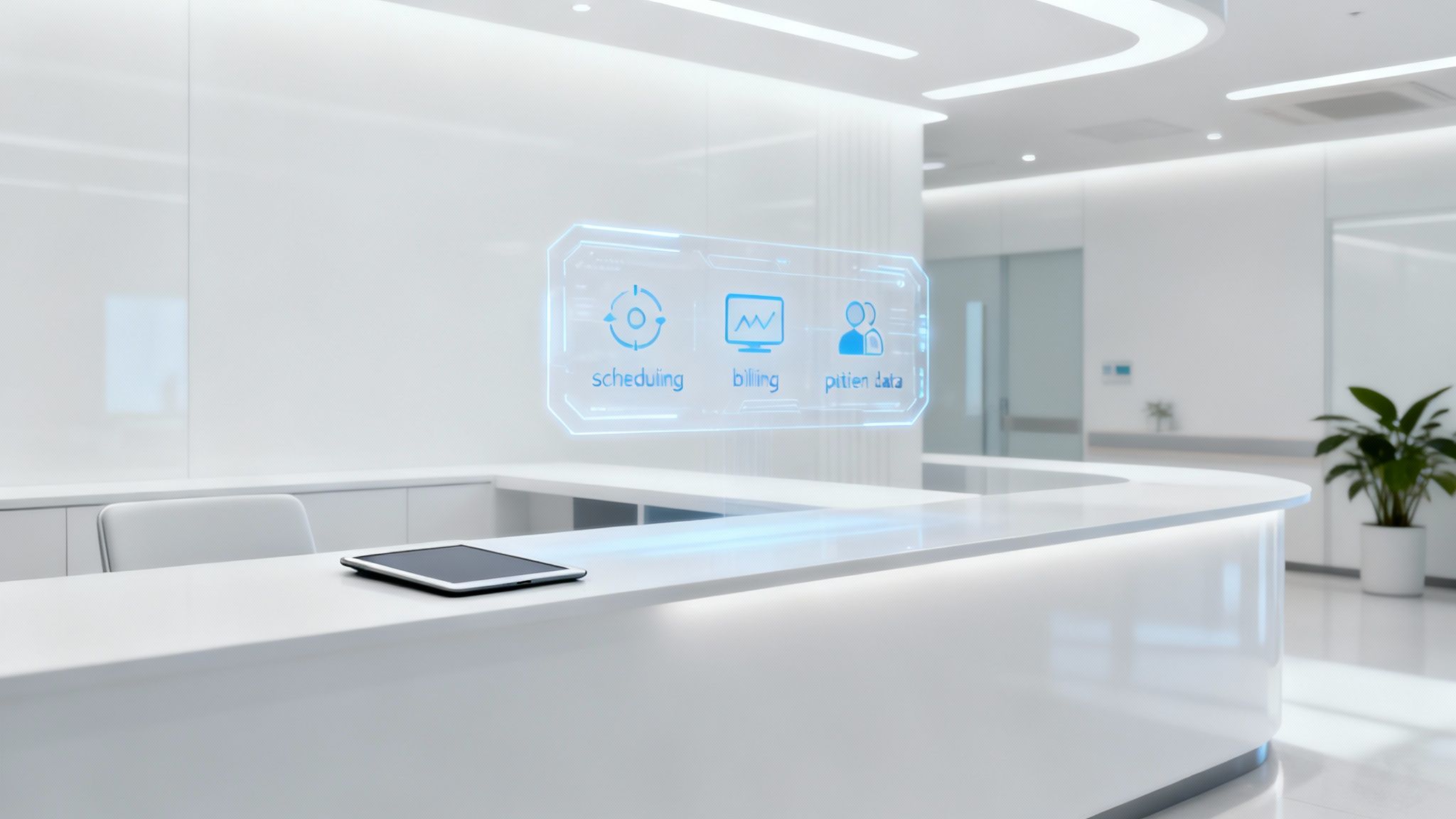 A healthcare professional using a tablet with AI-powered analytics to manage administrative tasks.