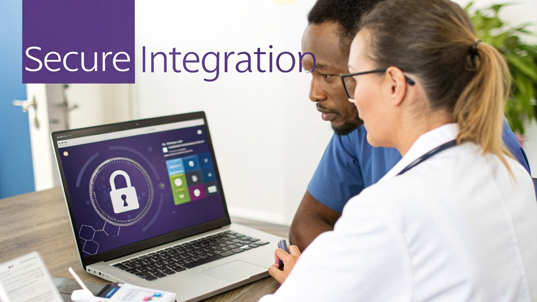 Healthcare professionals reviewing secure integration software on a laptop, emphasizing data security.