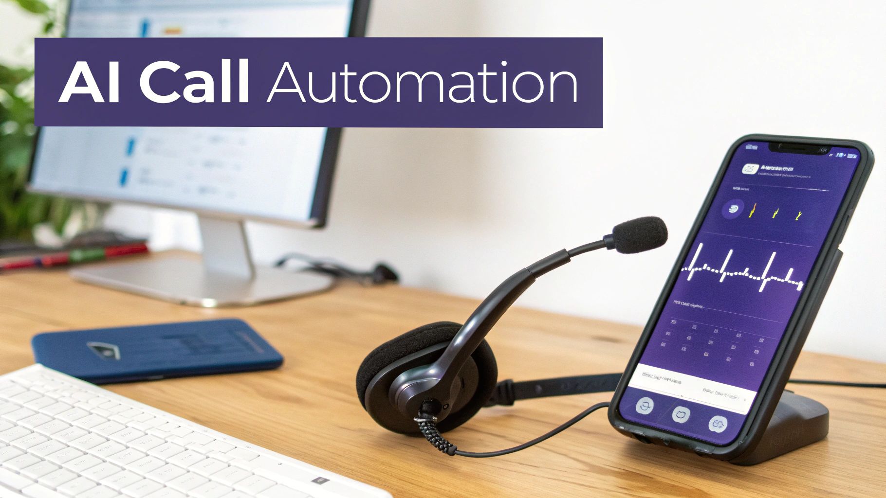 A modern desk setup with a computer, headset, and smartphone showing AI call automation.