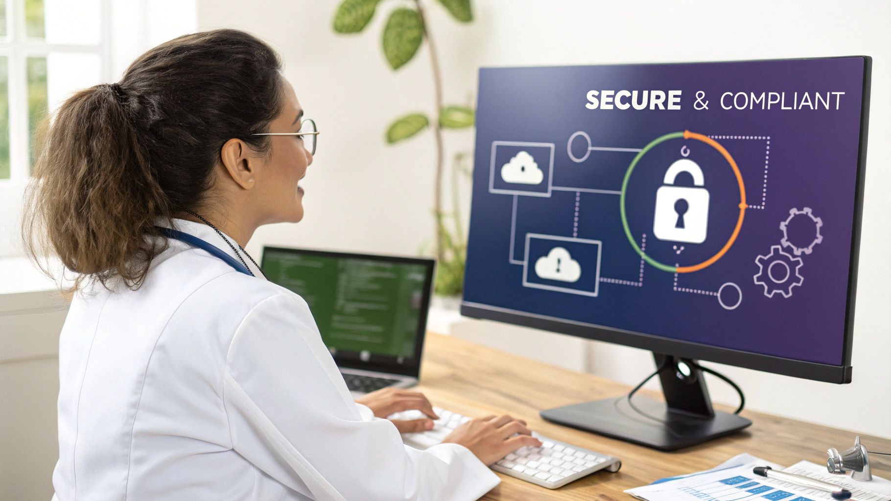 Healthcare worker typing on a keyboard, viewing a monitor with data security and compliance graphics.