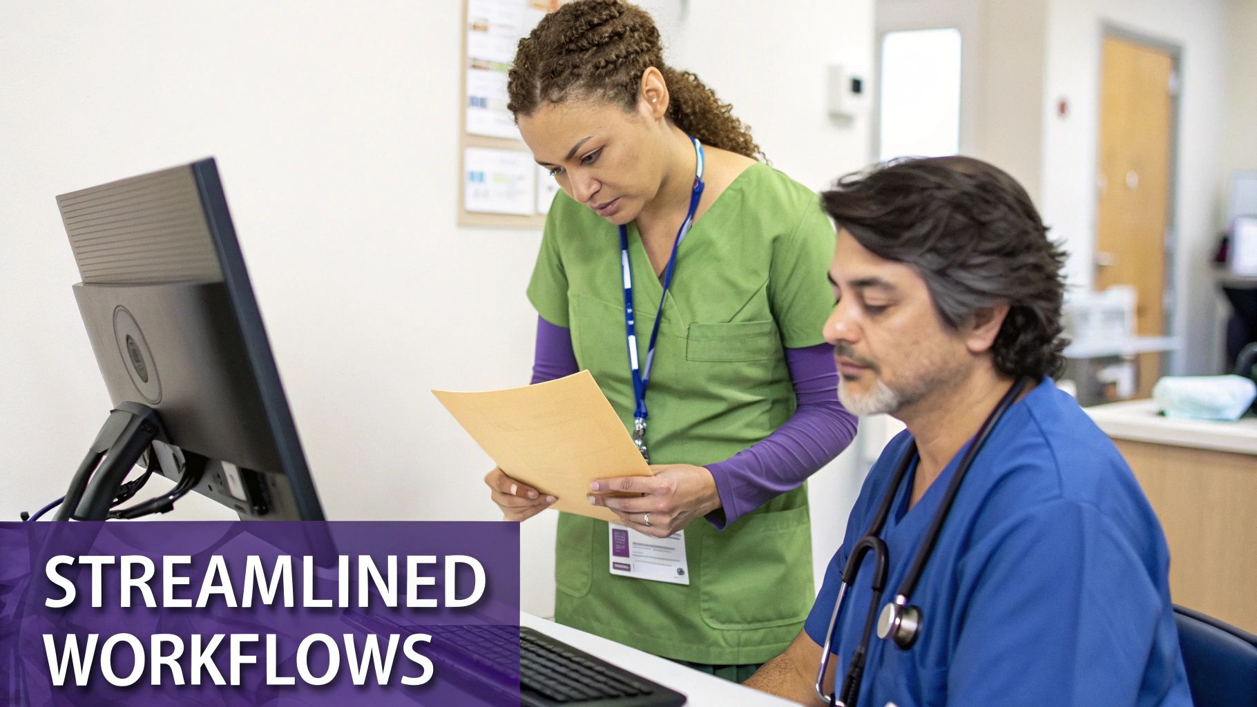 Two medical professionals, a woman and a man, collaborate on documents and a computer in a clinic.