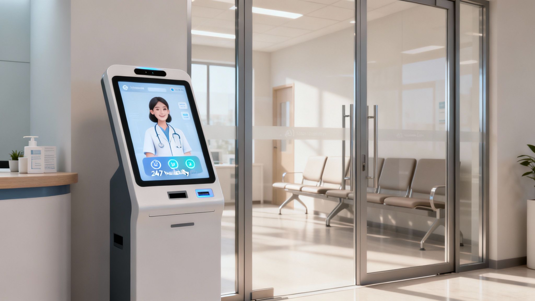 A white virtual medical receptionist kiosk in a clean, modern clinic or hospital lobby.