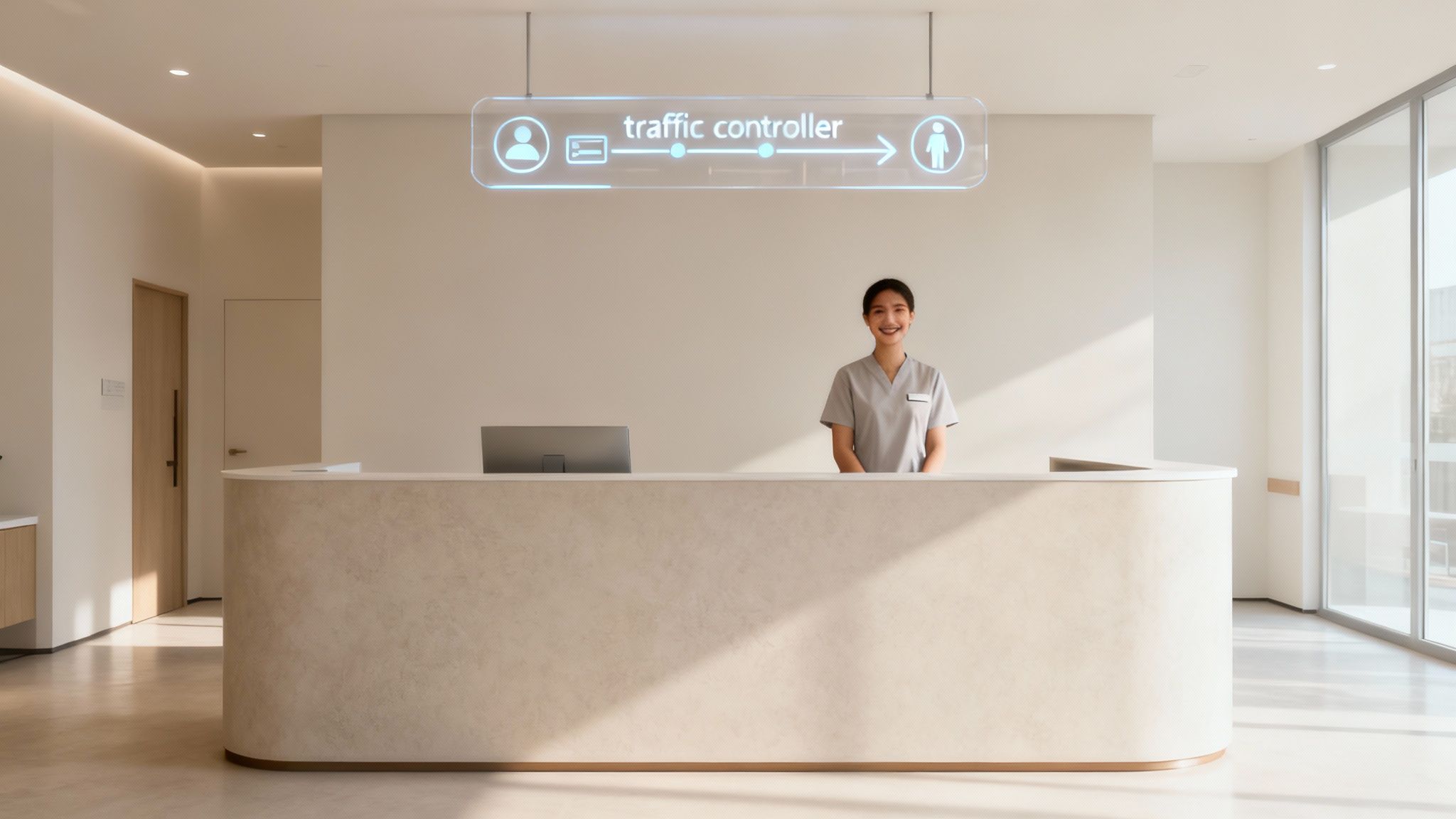 Modern healthcare receptionist standing at minimalist front desk with traffic controller digital signage above