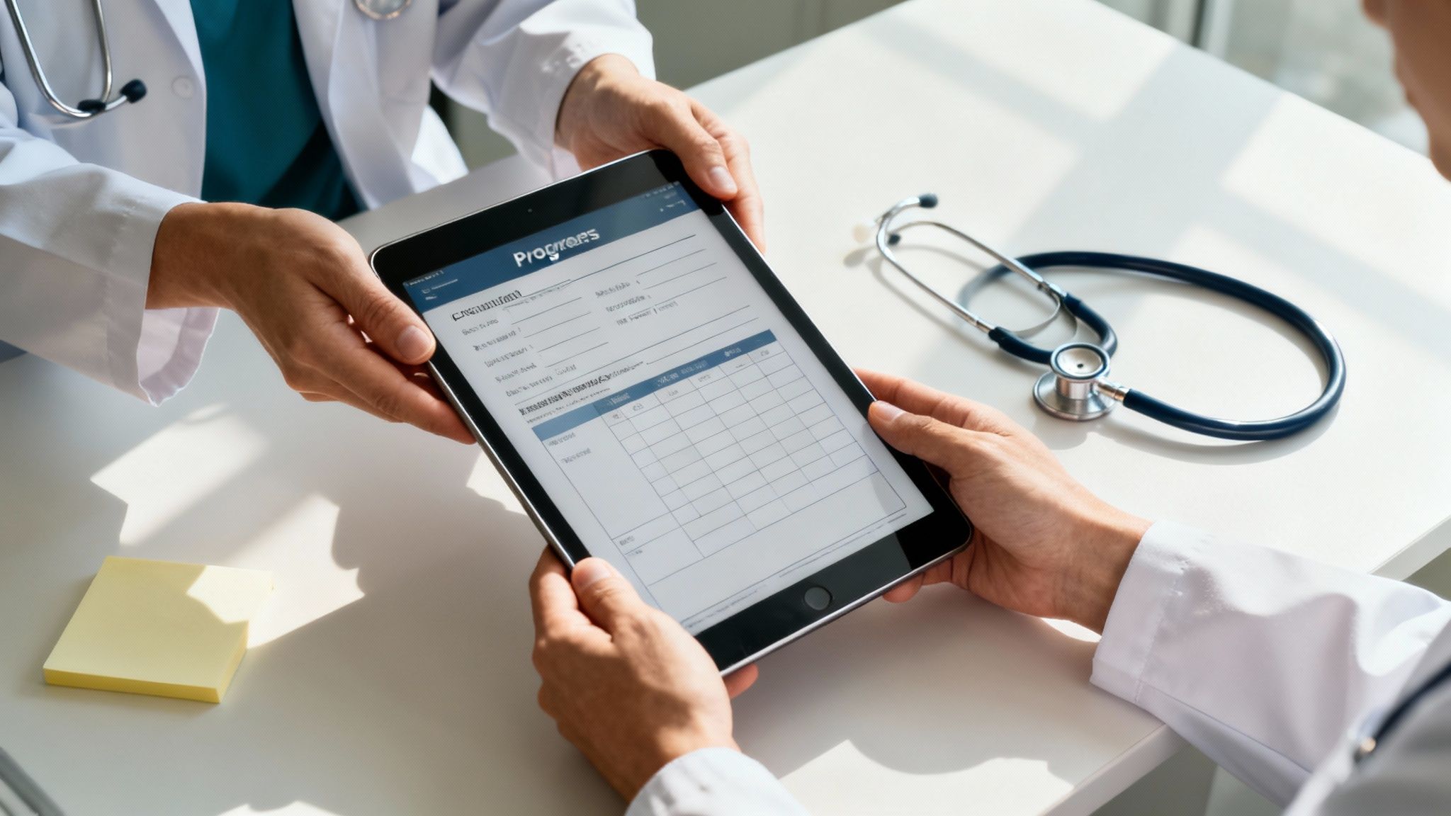 A healthcare professional reviewing patient notes on a tablet, symbolizing the importance of clear documentation.