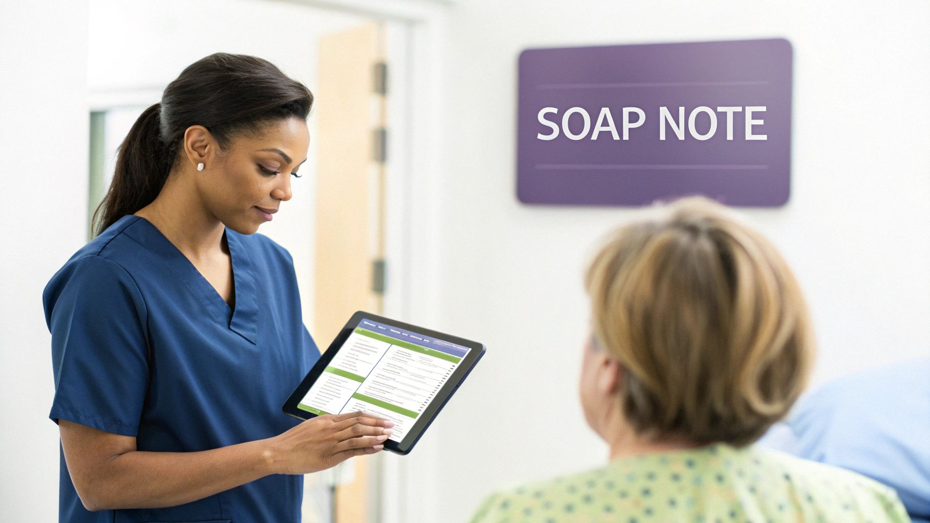 A nurse in blue scrubs shows a digital SOAP note on a tablet to a patient.