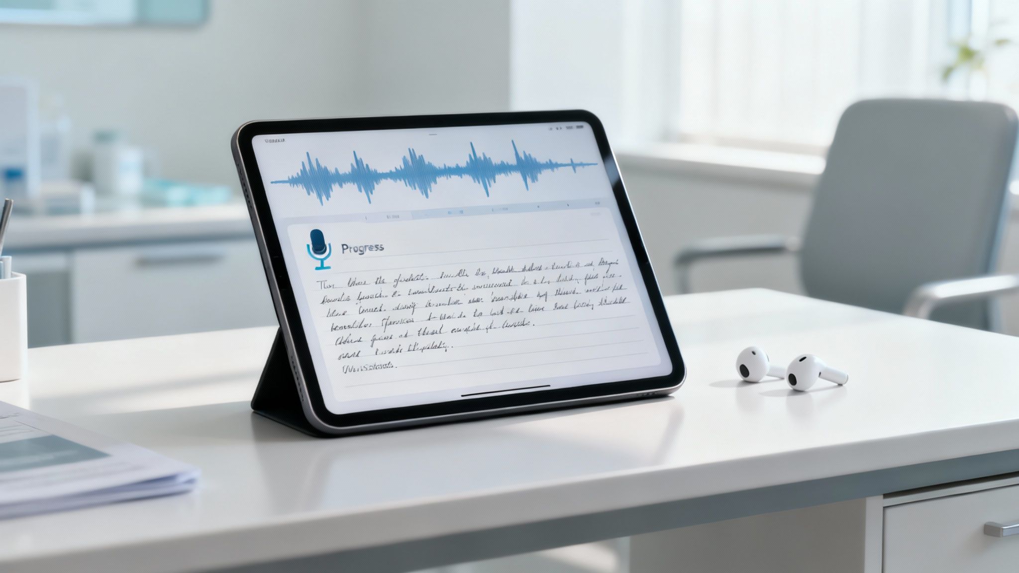 Tablet displaying speech-to-text transcription software converting audio waveform into handwritten progress notes
