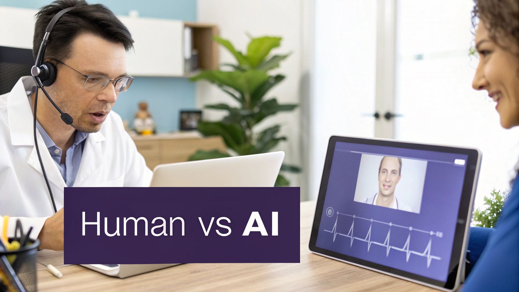 A medical professional in a headset uses a laptop while a patient watches a tablet displaying a virtual doctor and ECG.