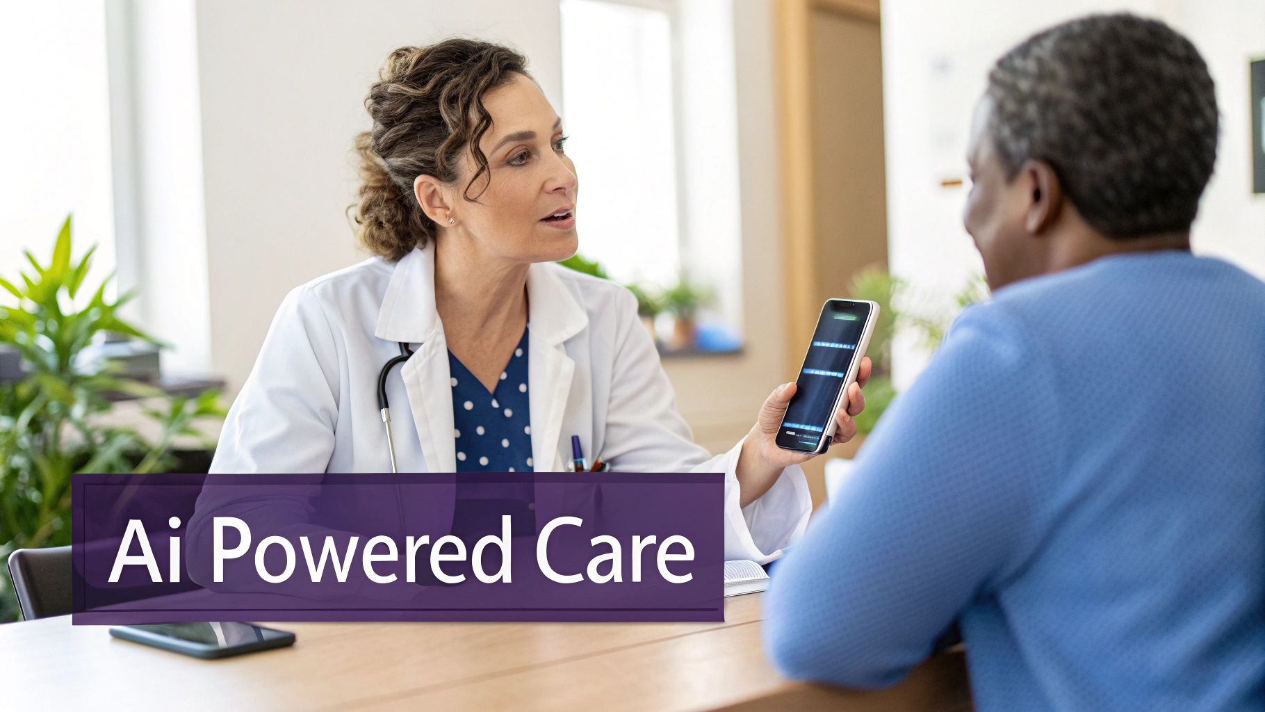 A doctor in a white coat shows a smartphone with medical data to a patient, representing AI-powered care.