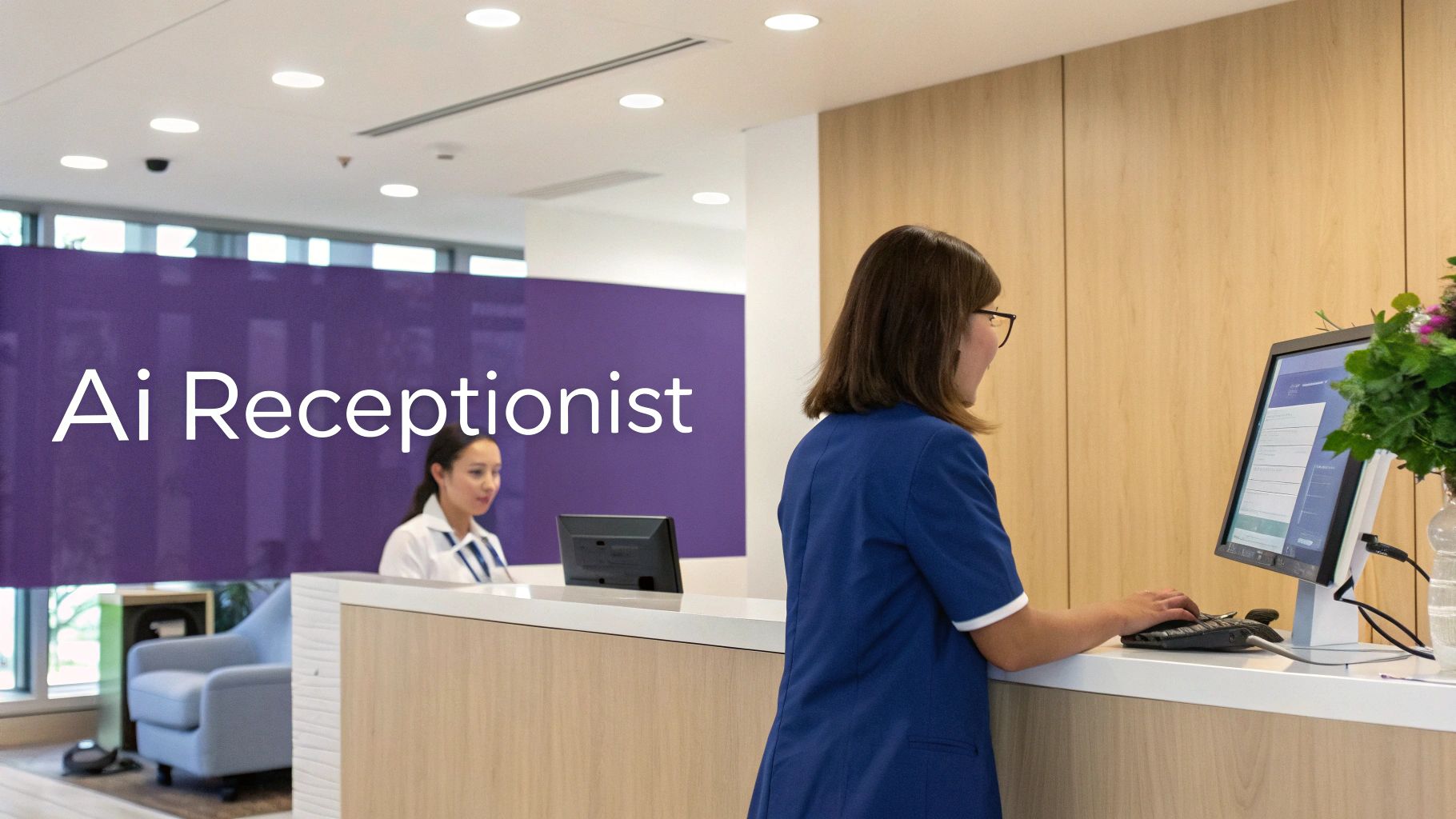 Two women work at a modern reception desk with an 'AI Receptionist' display in a bright office.