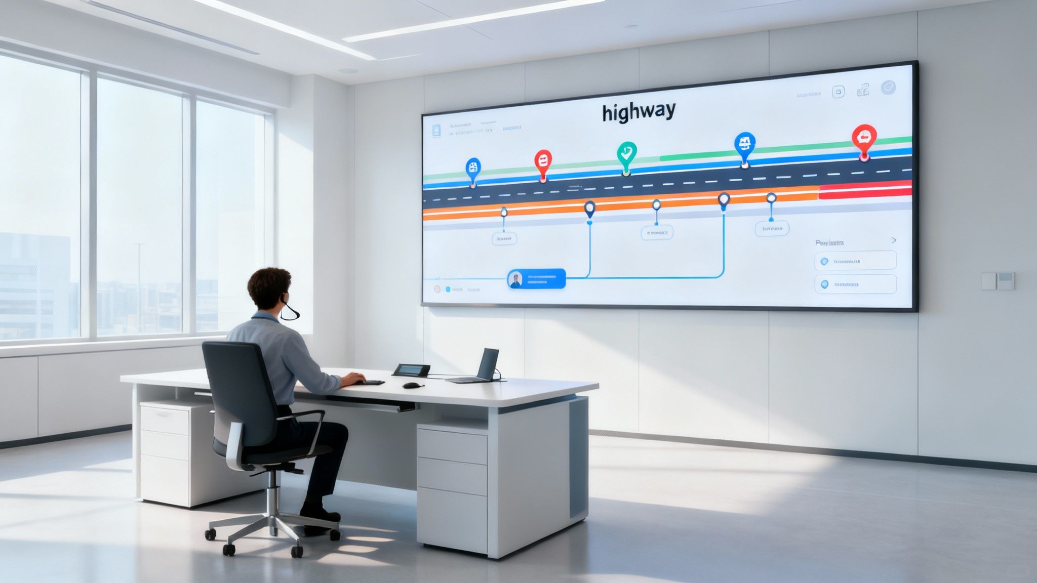 An image of a healthcare professional in a call center, wearing a headset and smiling while interacting with a patient on a computer screen.