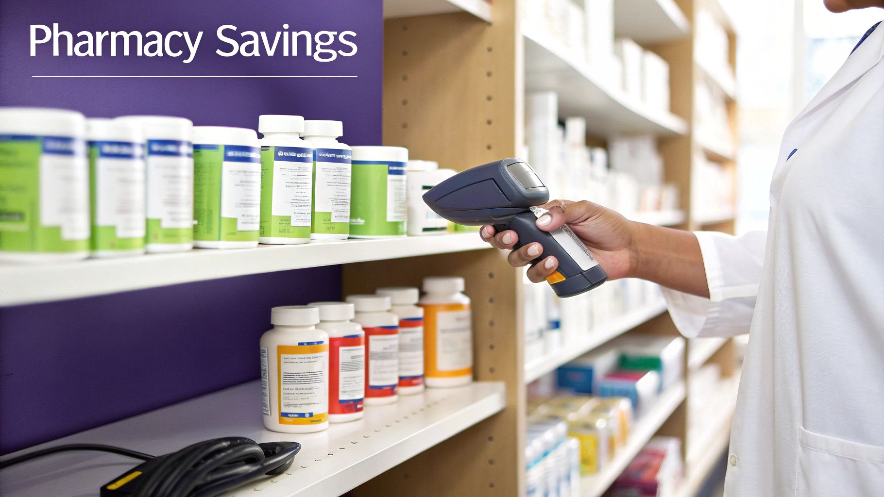 A pharmacist scans medication bottles on shelves in a pharmacy, highlighting pharmacy savings.