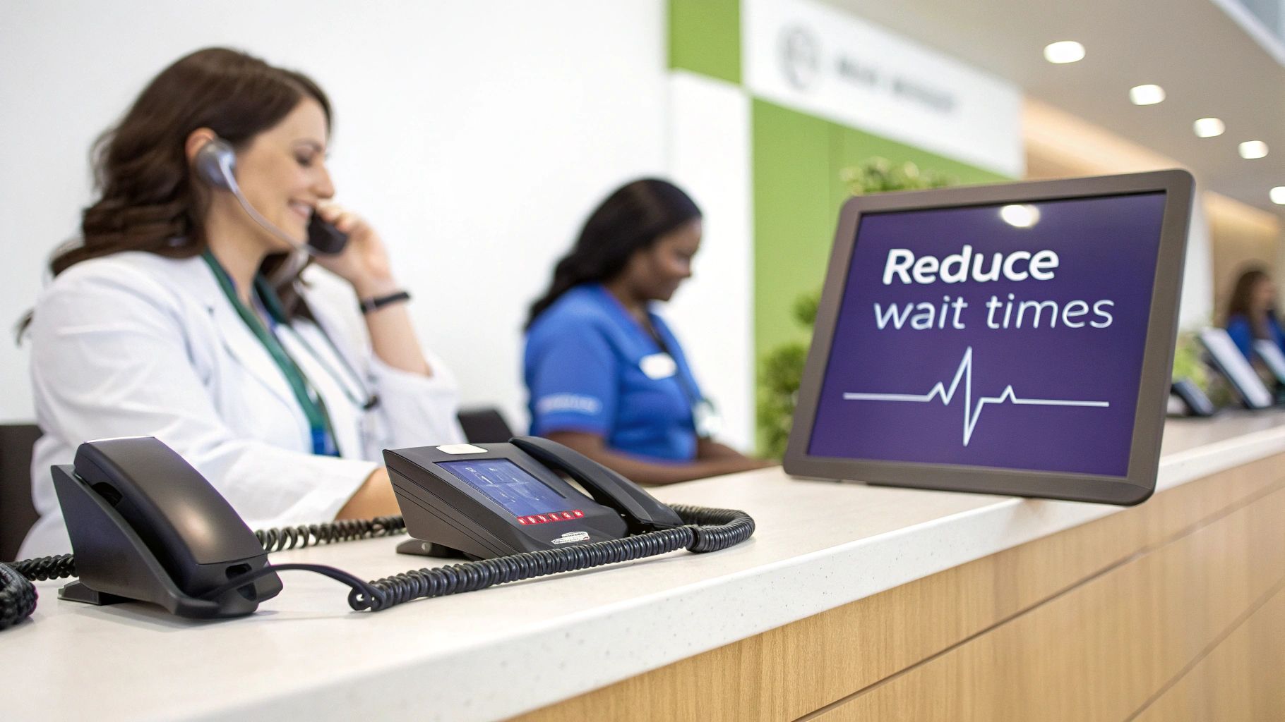Smiling medical professional on phone at a reception desk with a 'Reduce wait times' display.