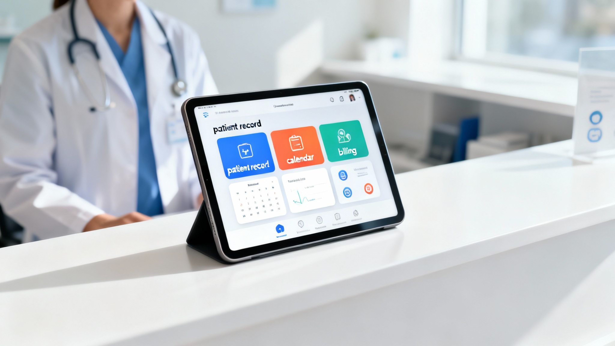 A digital tablet displaying a patient record system on a clinic counter, with a blurred doctor in the background.
