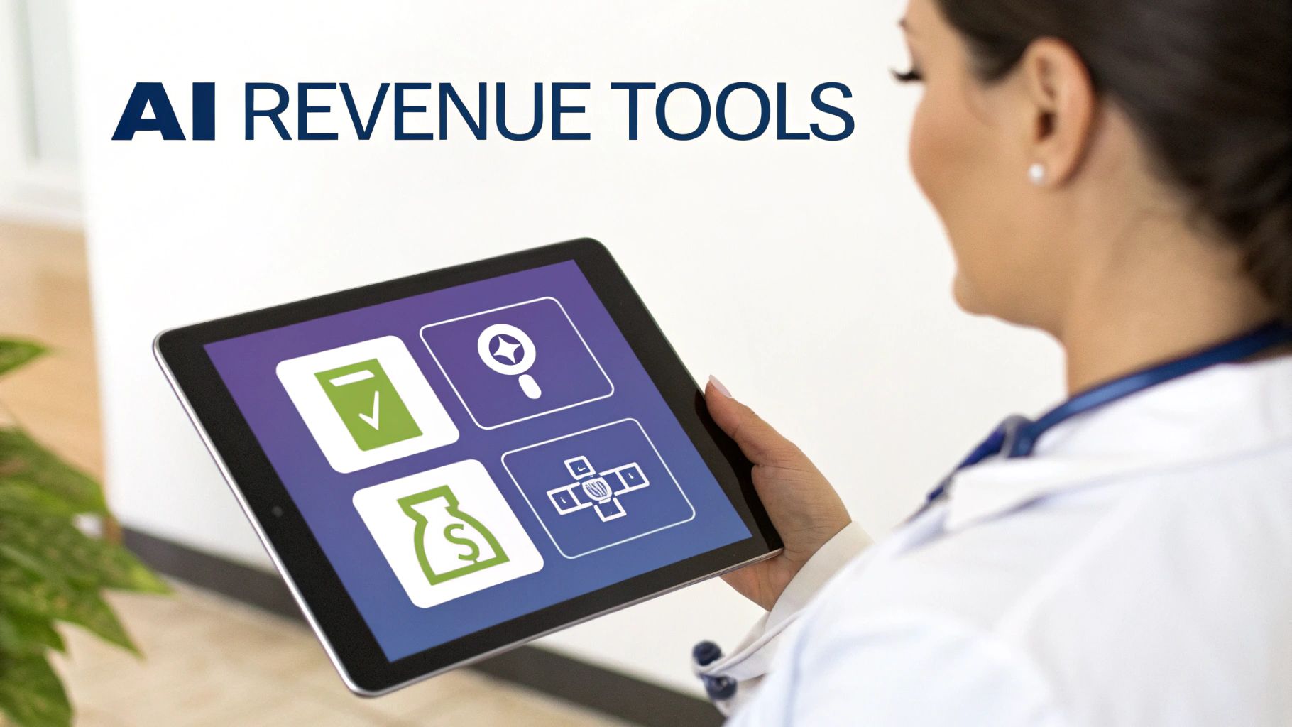 Doctor holding a tablet displaying AI revenue tools and financial management icons.
