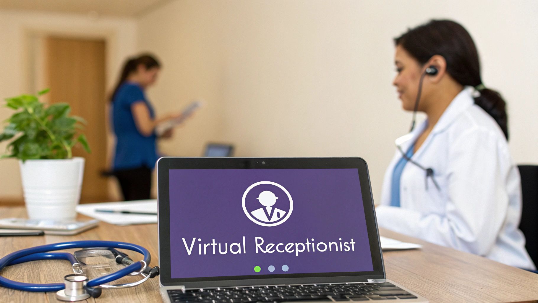 A laptop displays 'Virtual Receptionist' software on a desk with a stethoscope and medical staff.