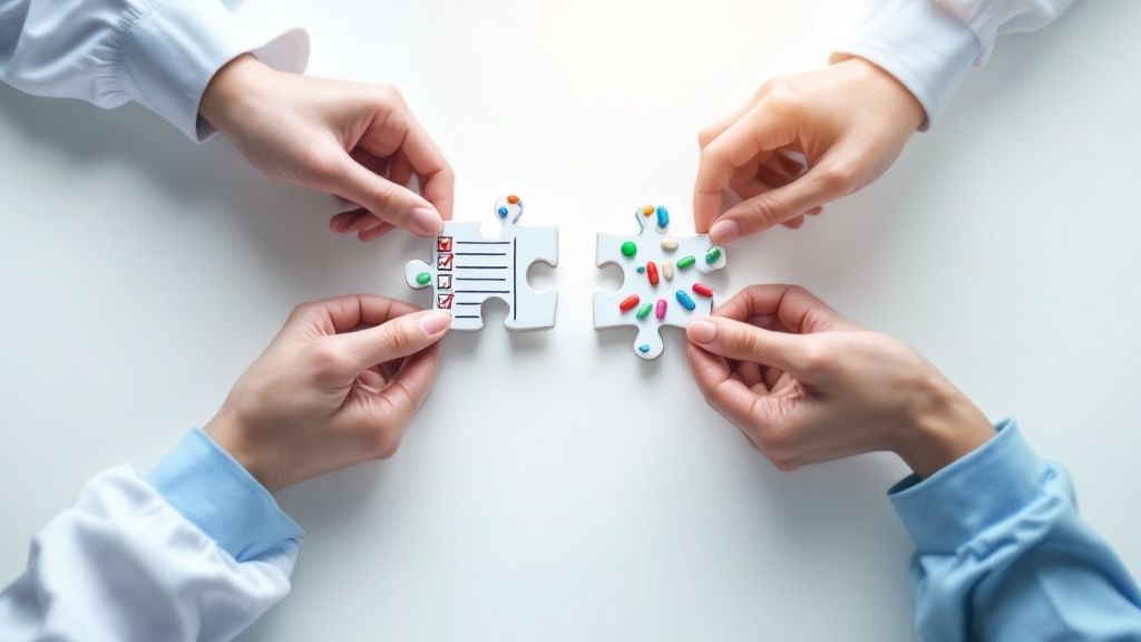 A medical professional and a patient reviewing medications together, illustrating a collaborative process.