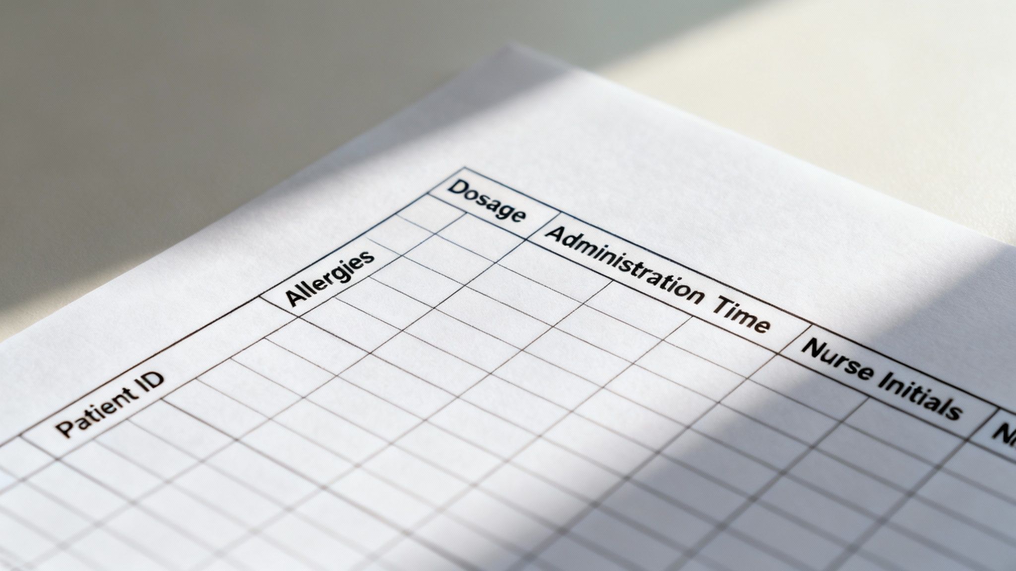 A detailed medication chart being filled out on a clipboard.