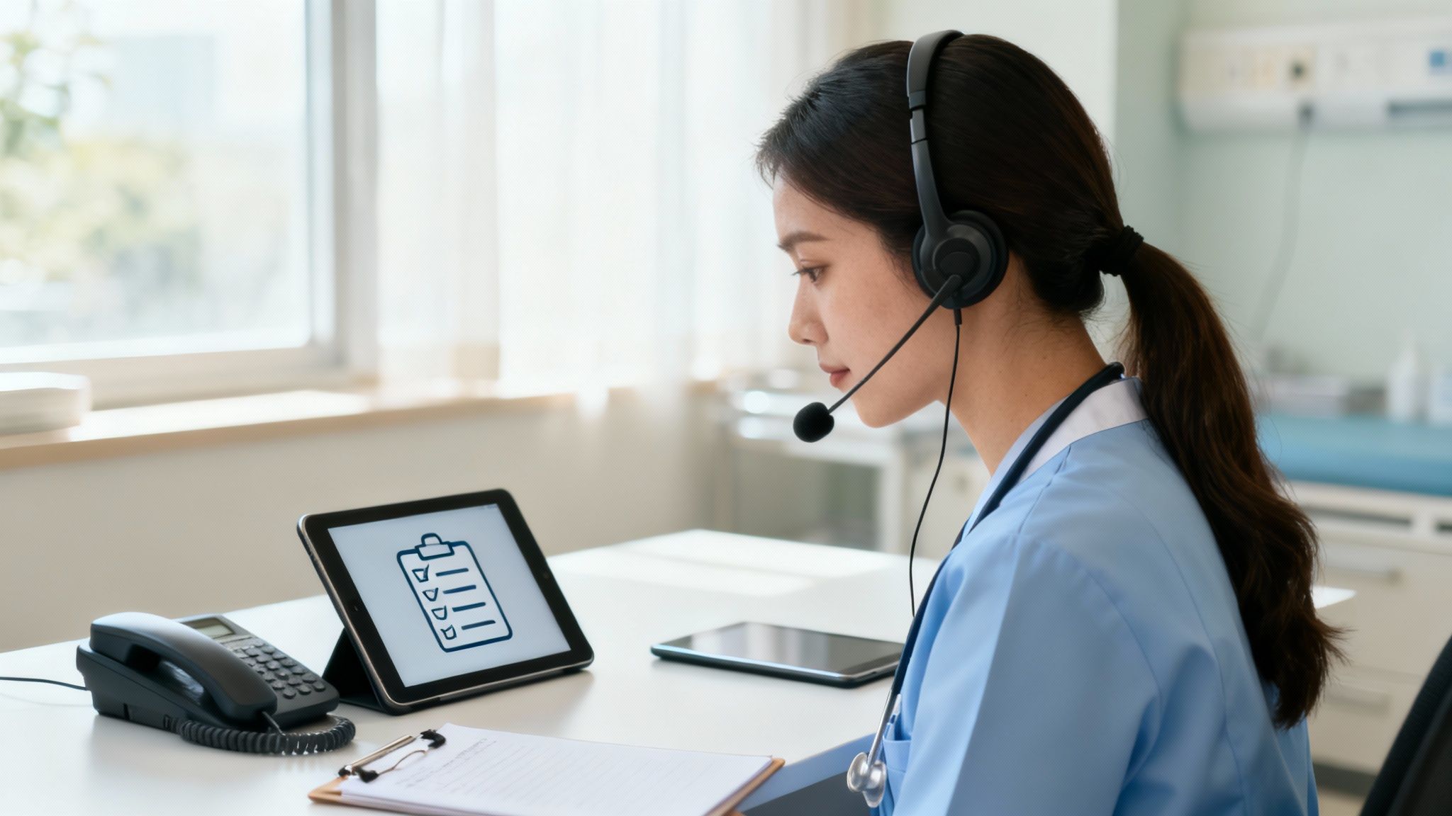Healthcare nurse wearing headset conducting telephone triage at desk with medical checklist on tablet