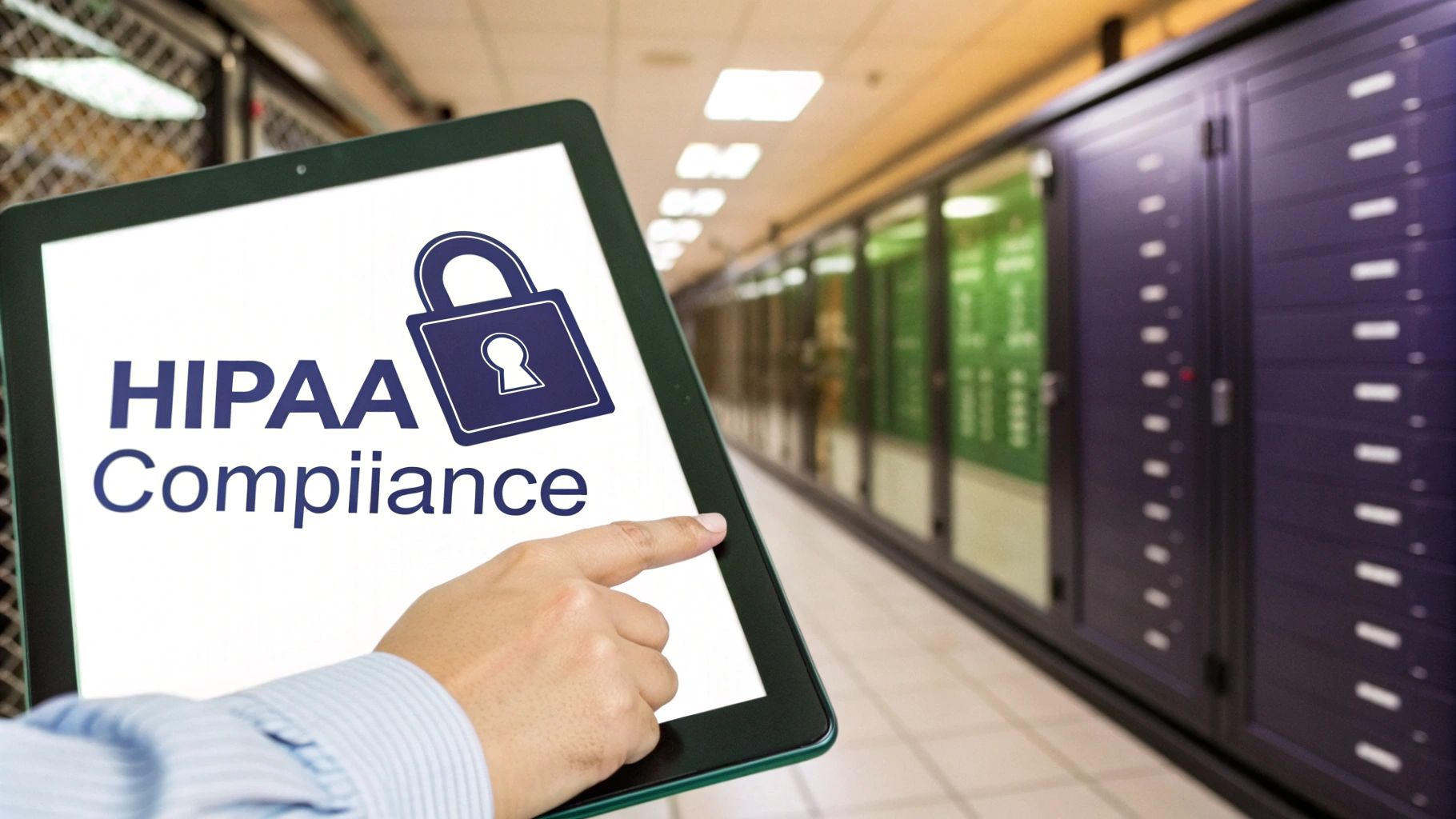 A hand holds a tablet displaying 'HIPAA Compliance' and a padlock icon in a server room.