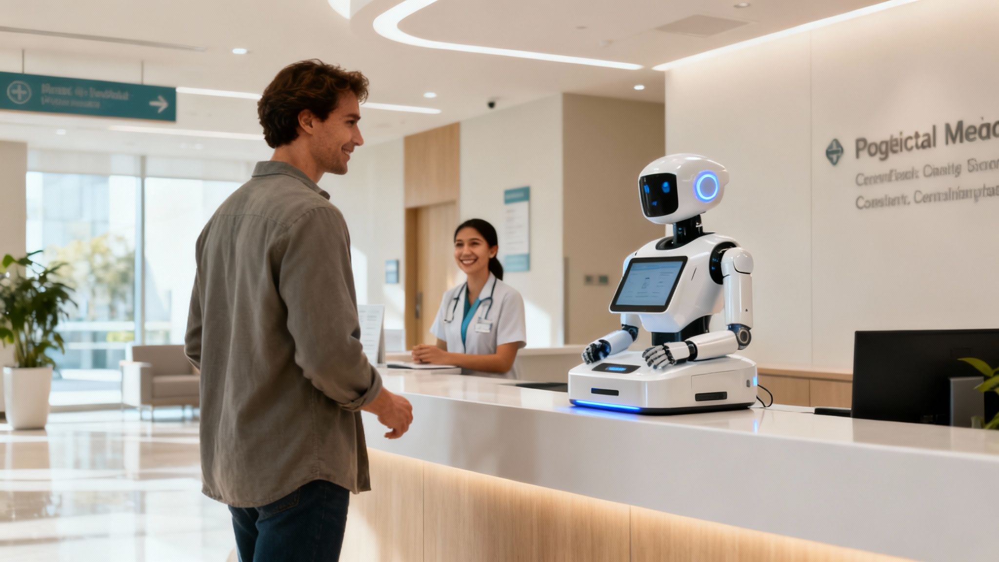 Man at a modern hospital reception desk, greeted by a robot and a smiling human receptionist.