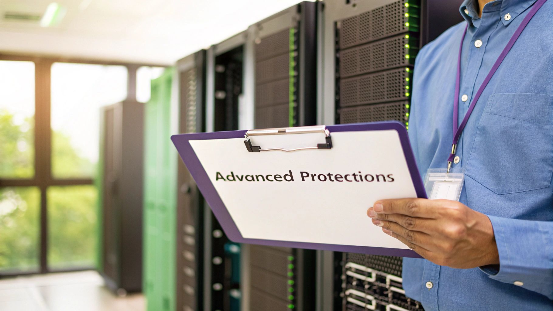 Technician in a data center reviews 'Advanced Protections' on a clipboard, surrounded by server racks.
