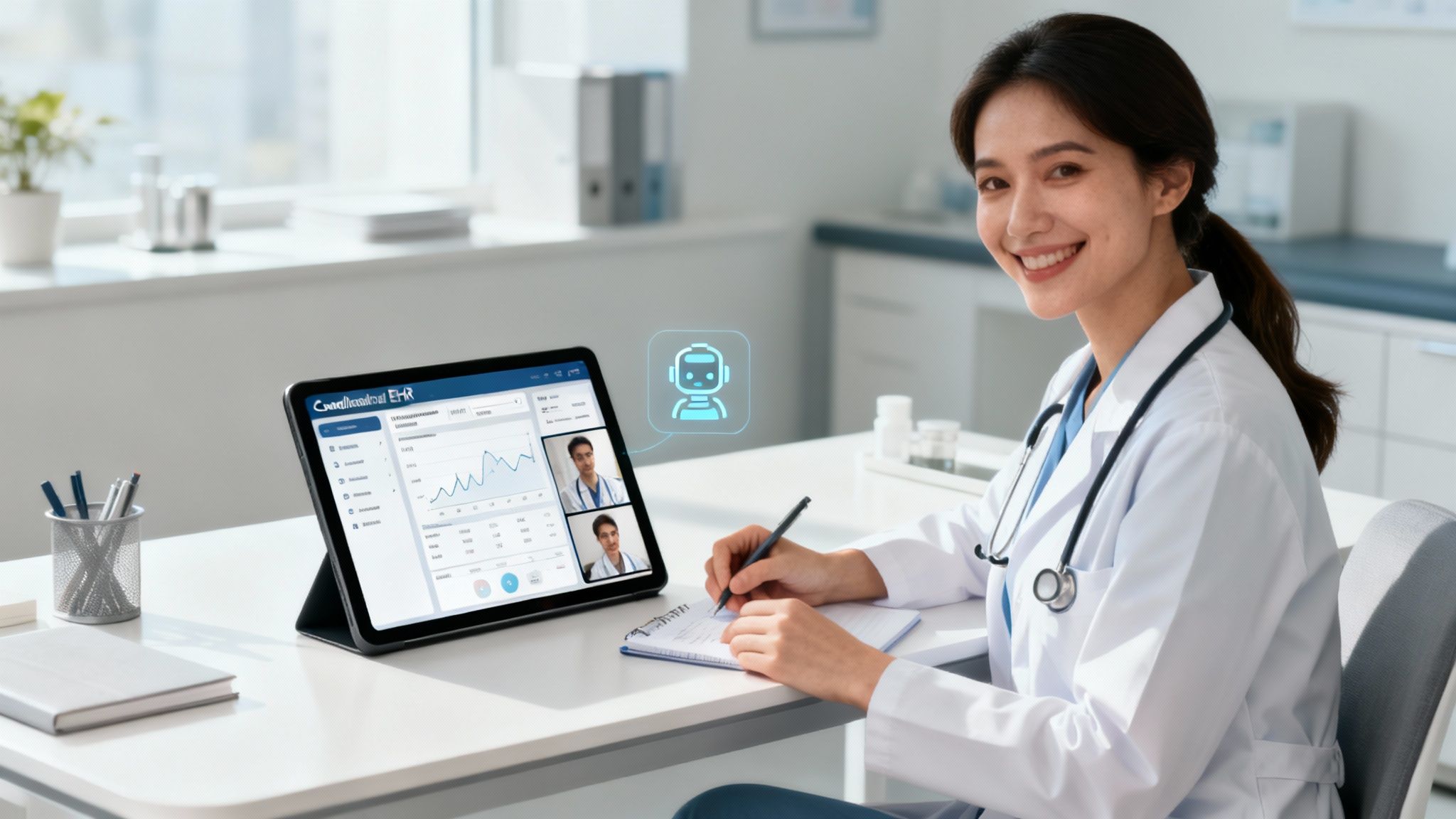 Healthcare professional using digital EHR system with AI chatbot for care coordination telehealth consultation