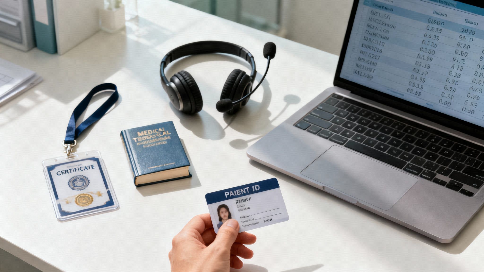 A front office medical assistant is shown developing skills, with icons for hard, soft, and technical abilities surrounding them