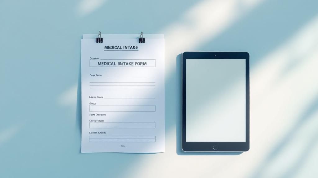 A patient completing a digital medical intake form on a tablet while sitting on a couch.