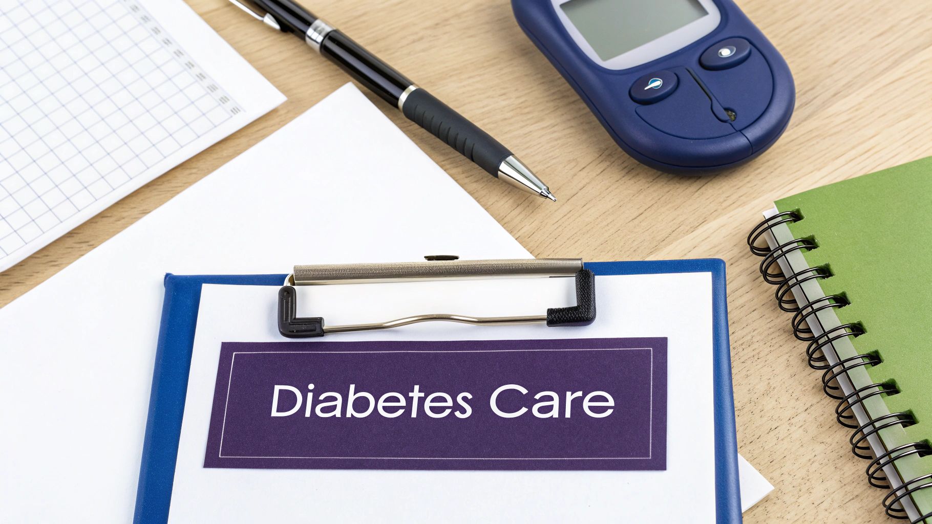 A healthcare flat lay with a clipboard displaying 'Diabetes Care', a glucose meter, pen, and notebook on a wooden table.