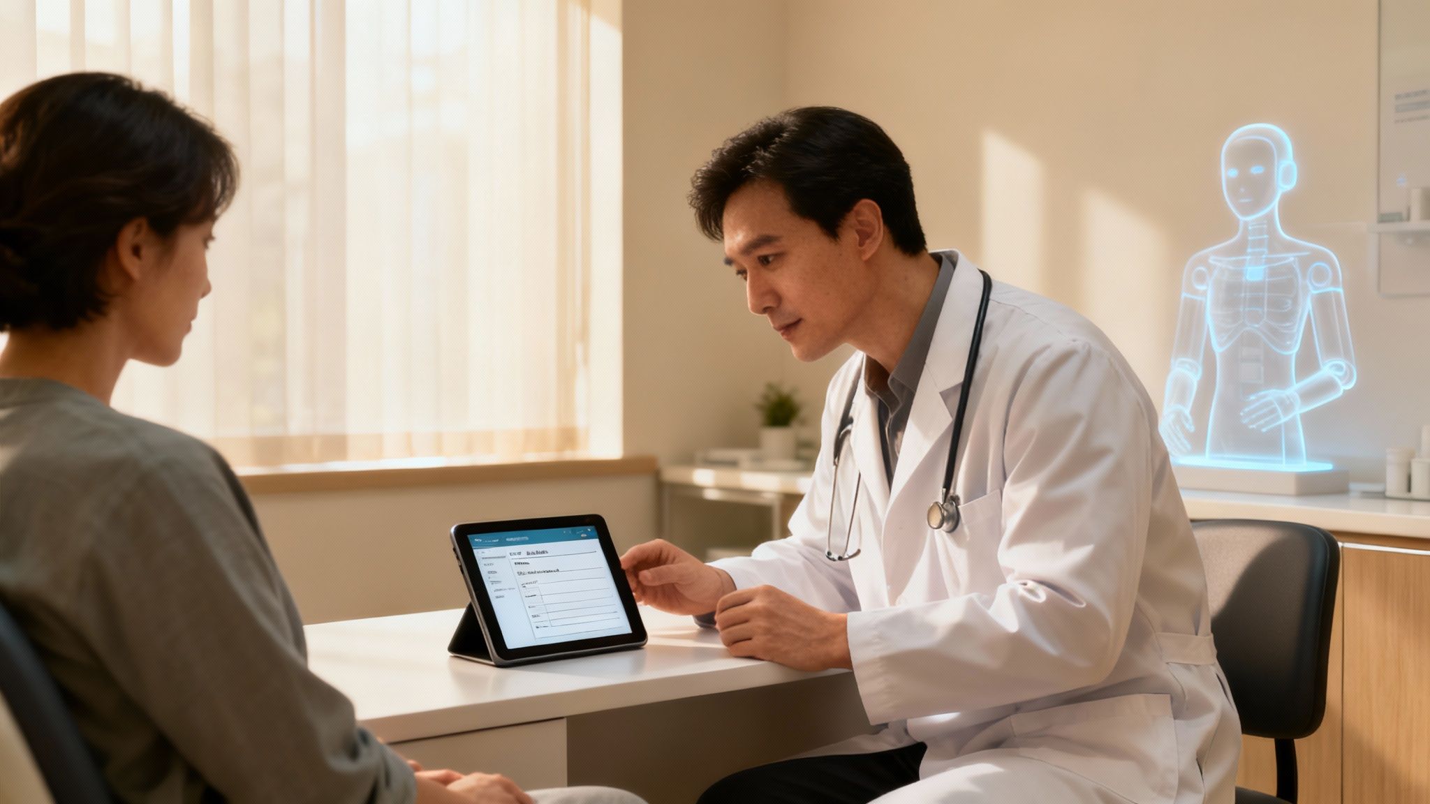 A doctor reviewing notes on a tablet with a patient in the background.