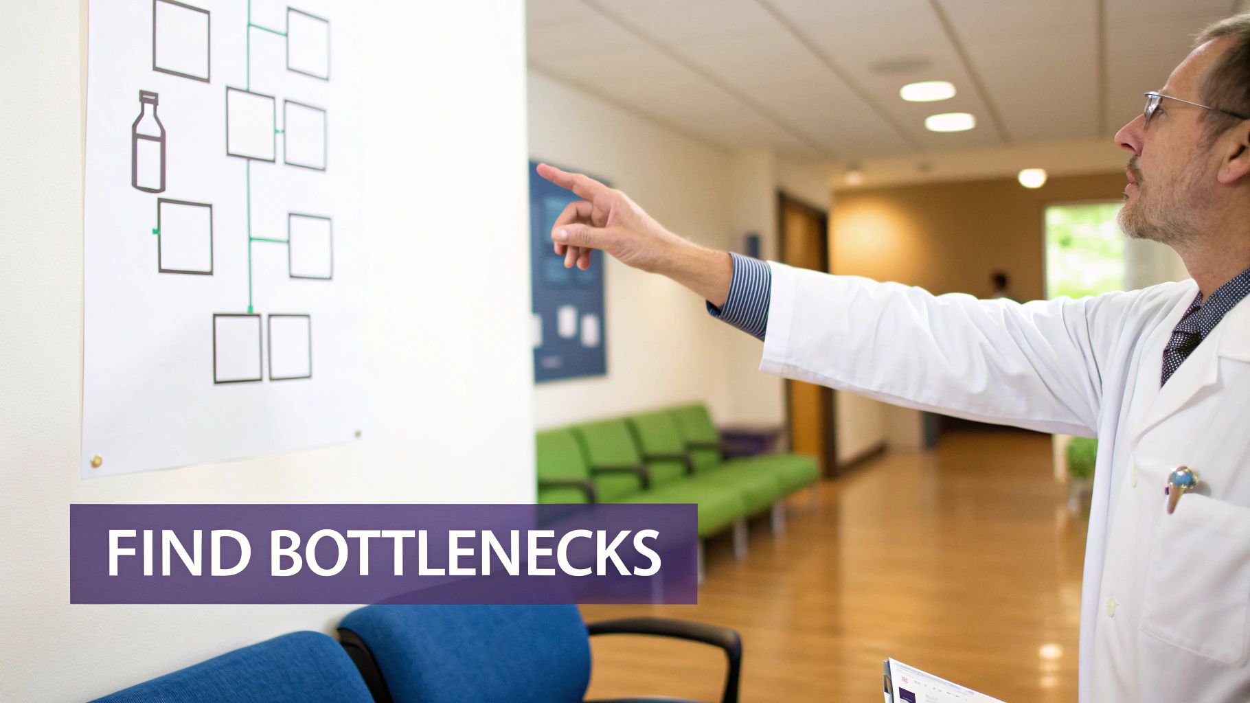 A doctor in a lab coat points at a flowchart with a bottle icon, symbolizing process optimization.
