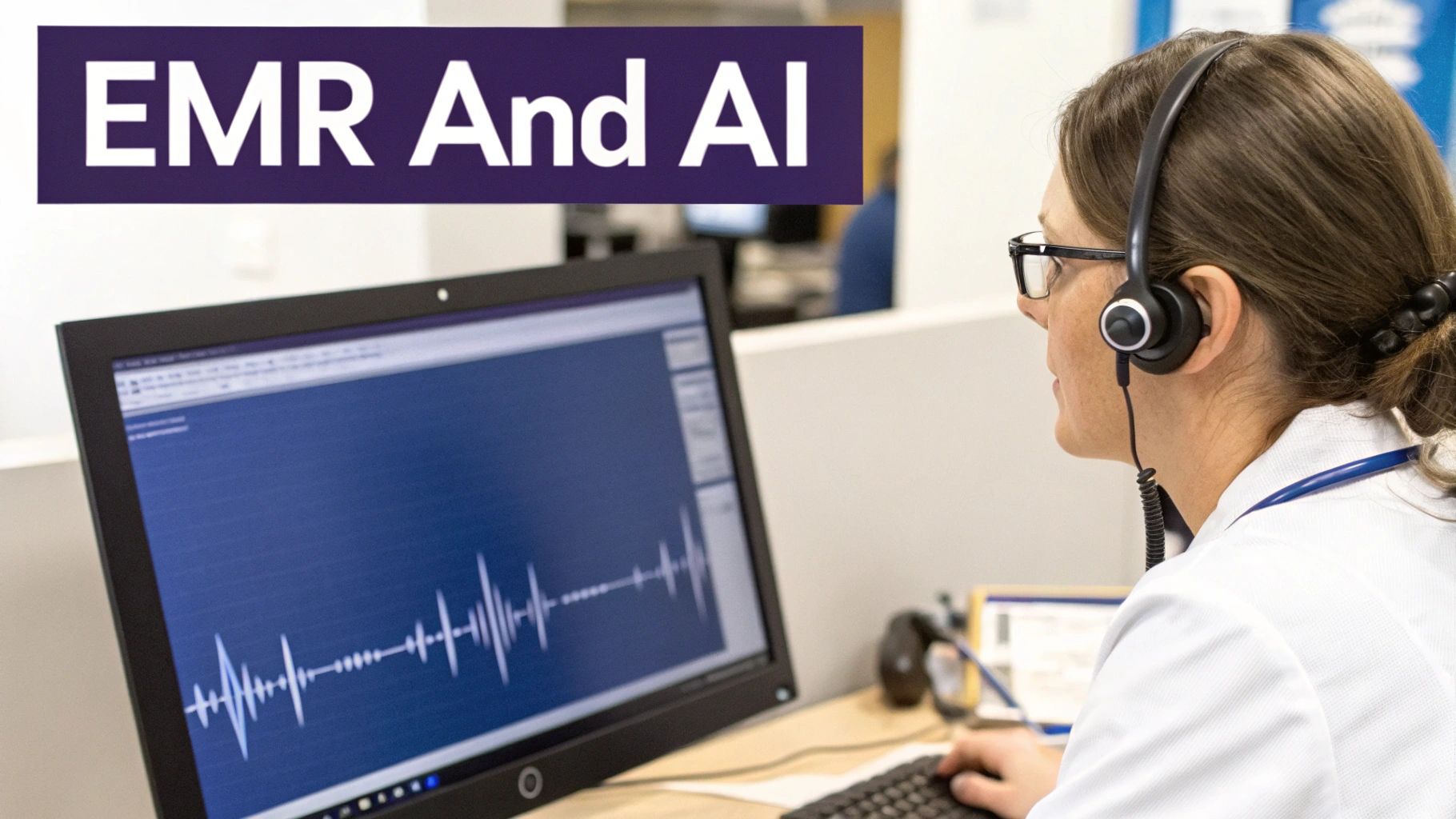 A healthcare professional uses a computer with a headset, analyzing digital health data and medical records.