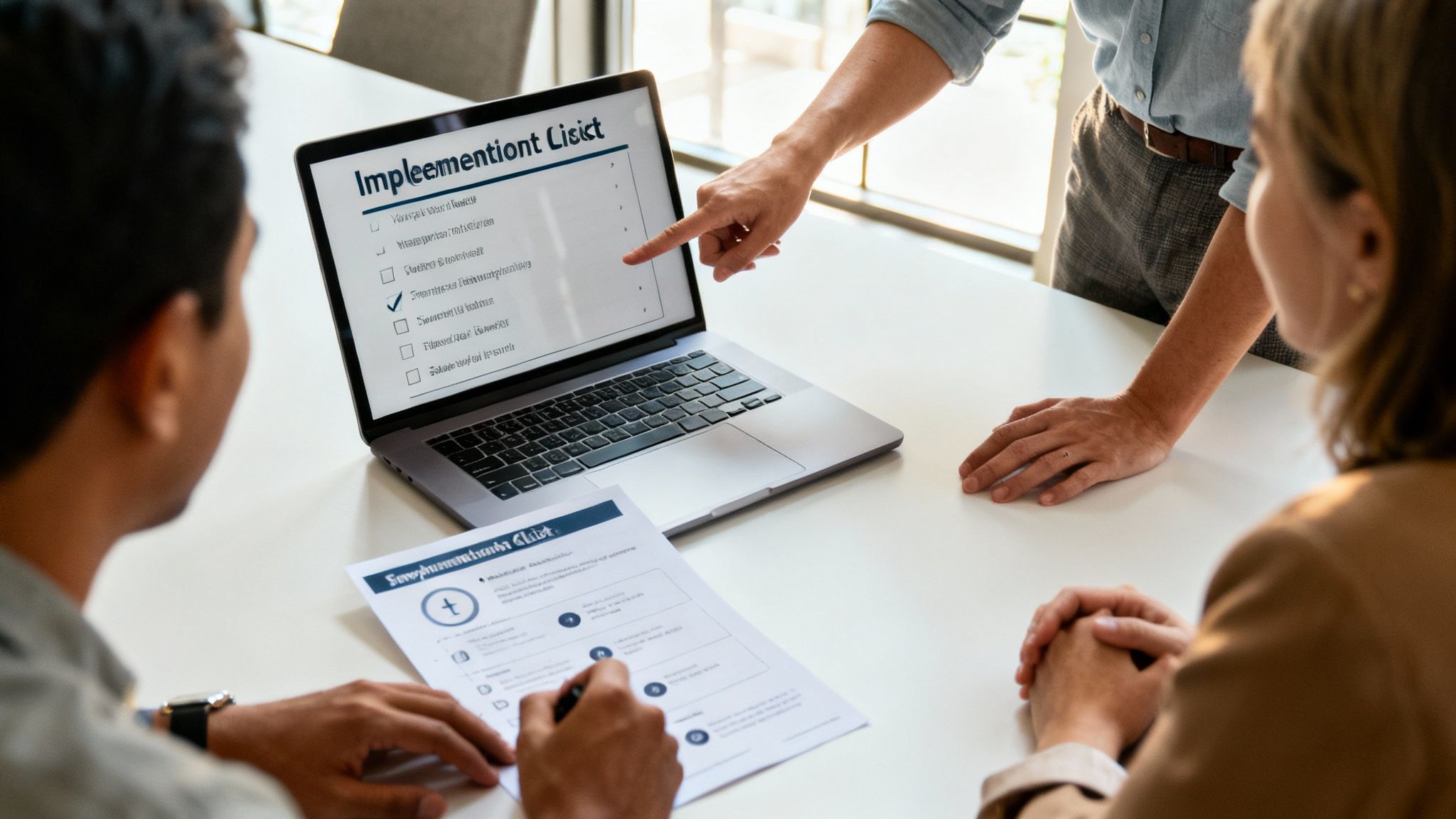 Three colleagues review an implementation checklist on a laptop and documents during a meeting.