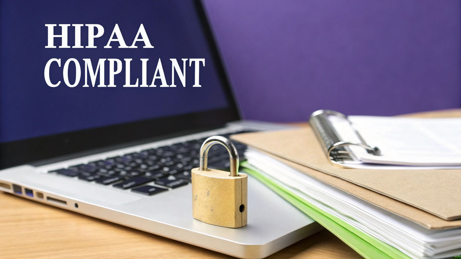 A laptop displays 'HIPAA COMPLIANT' text, with a padlock and medical documents nearby, signifying data security.