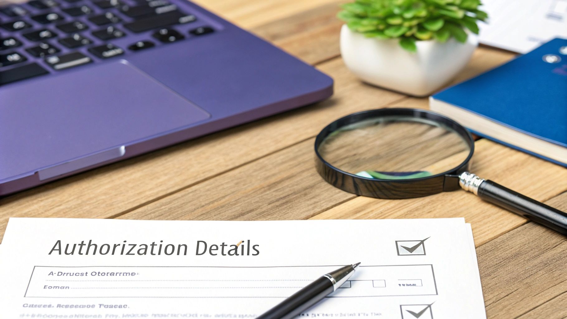 A close-up of a desk with a purple laptop, magnifying glass, pen, and an authorization form.