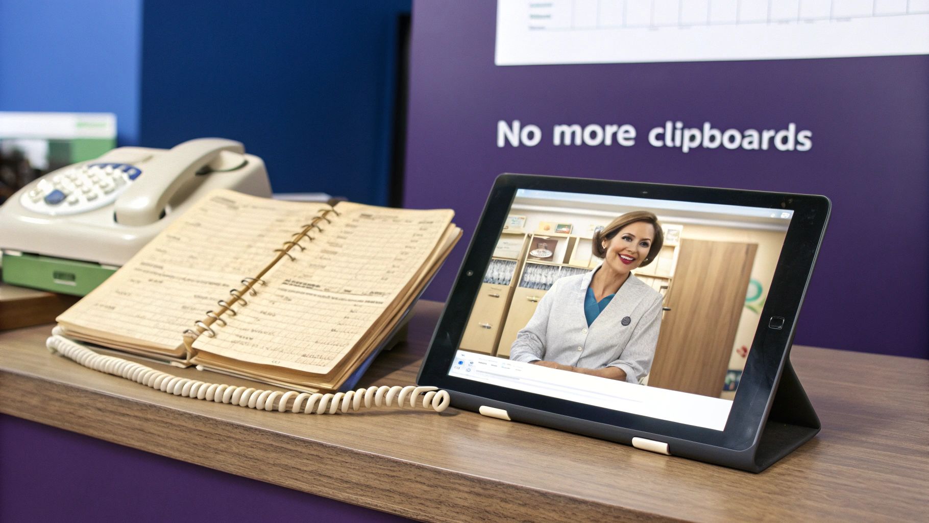 An old telephone and handwritten ledger next to a tablet displaying a smiling woman and 'No more clipboards' text.