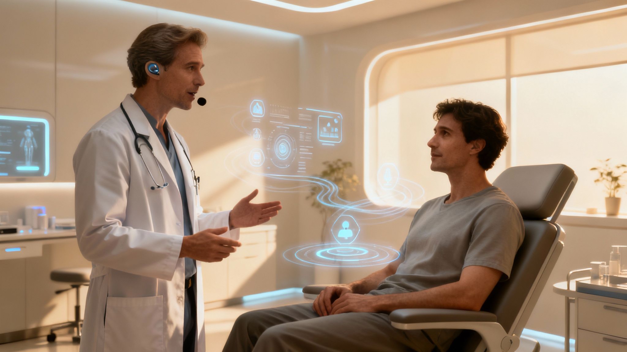 A futuristic depiction of a healthcare professional interacting with a holographic interface, symbolizing the advanced future of voice technology.