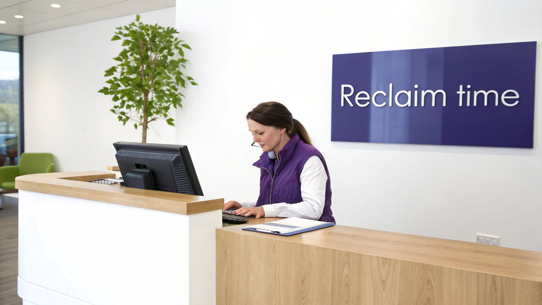 A woman with a headset works at a modern office reception desk with a computer and a 'Reclaim time' sign.