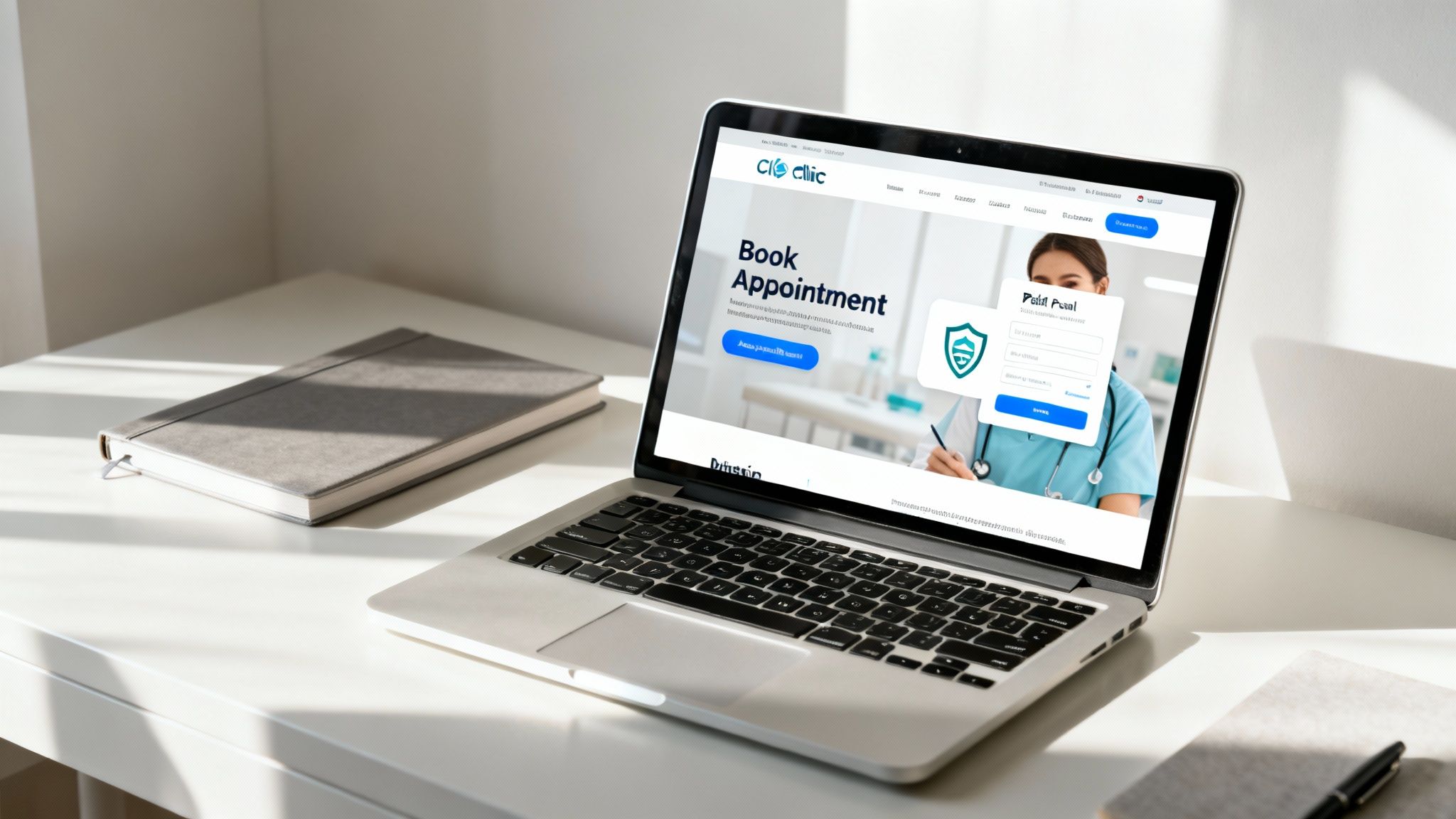 A healthcare professional uses a tablet to review patient information in a modern clinic setting.