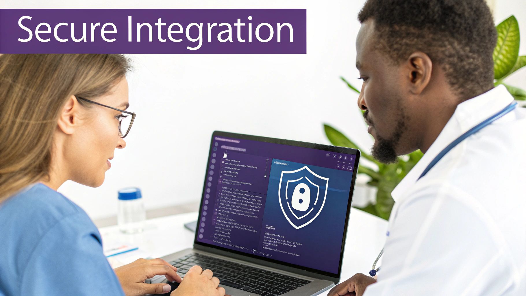 Healthcare professionals reviewing secure integration software on a laptop in a clinical setting.