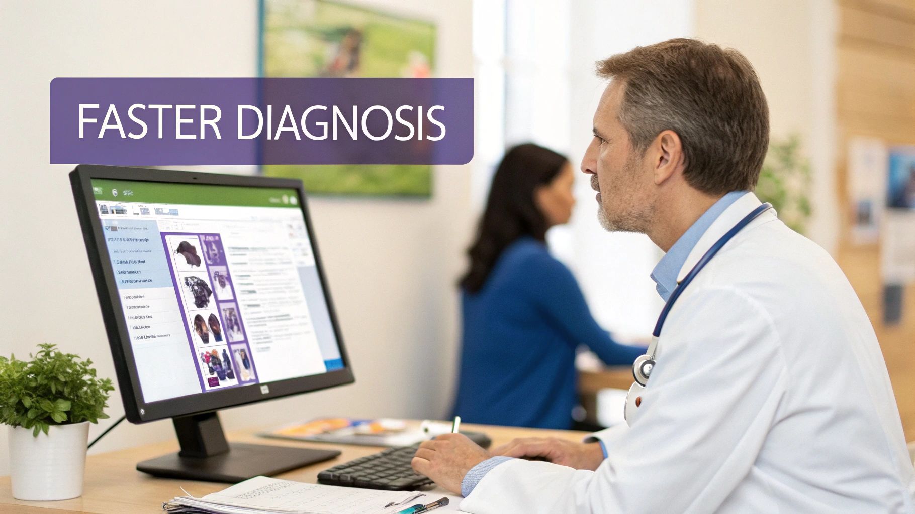 A doctor in a white coat reviews medical records on a computer screen for faster diagnosis.