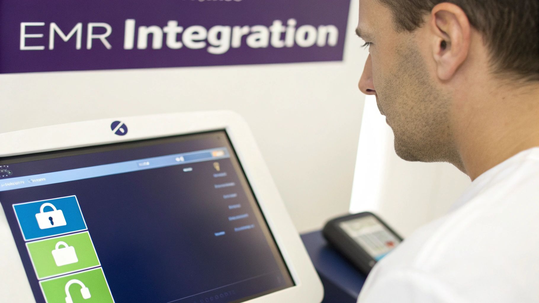 A man interacts with a digital display featuring secure lock icons for EMR integration.