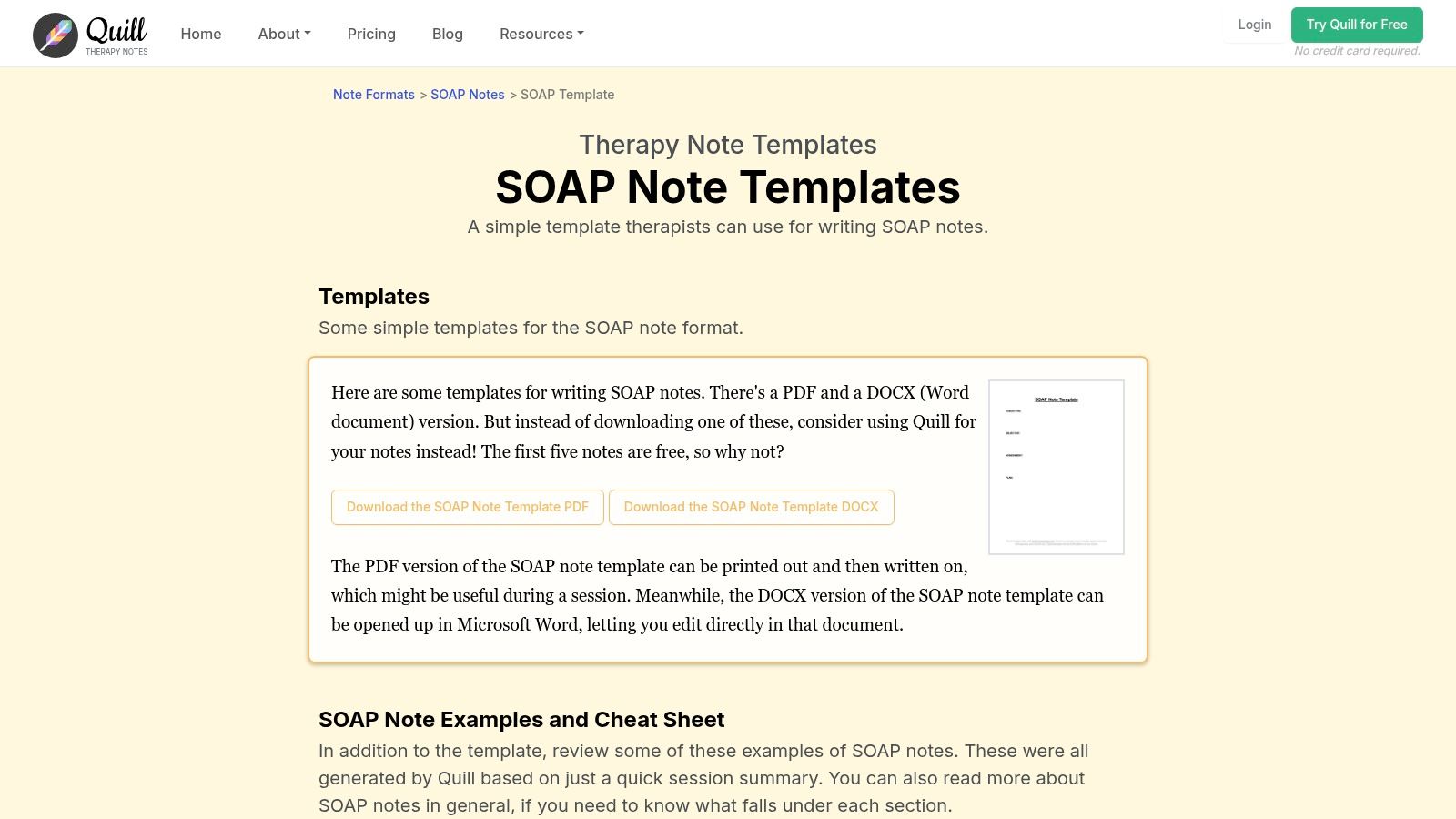 Quill Therapy Notes' SOAP Note Templates