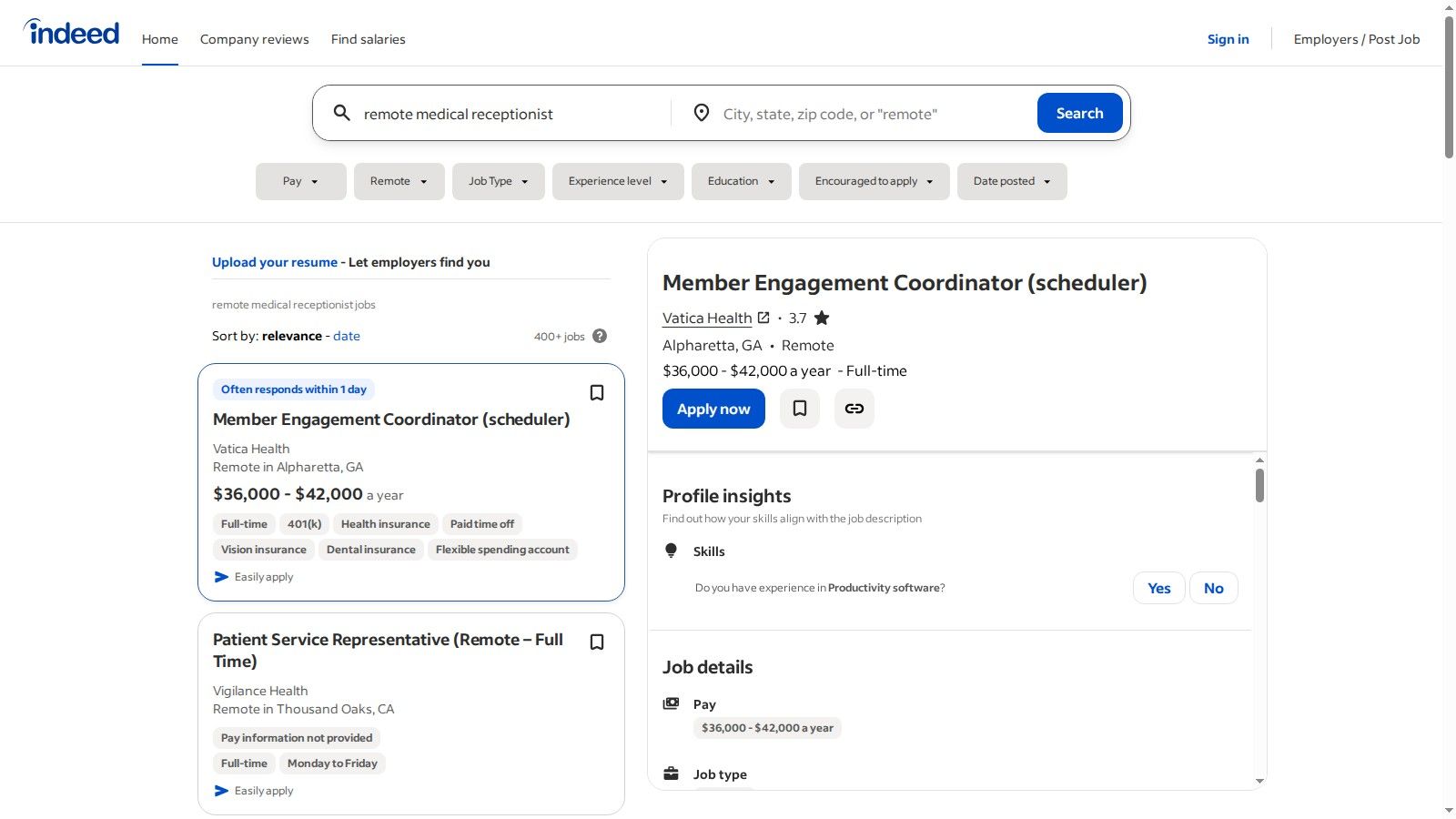 A screenshot showing a search for virtual medical receptionist jobs on the Indeed platform, with a list of relevant job openings displayed.
