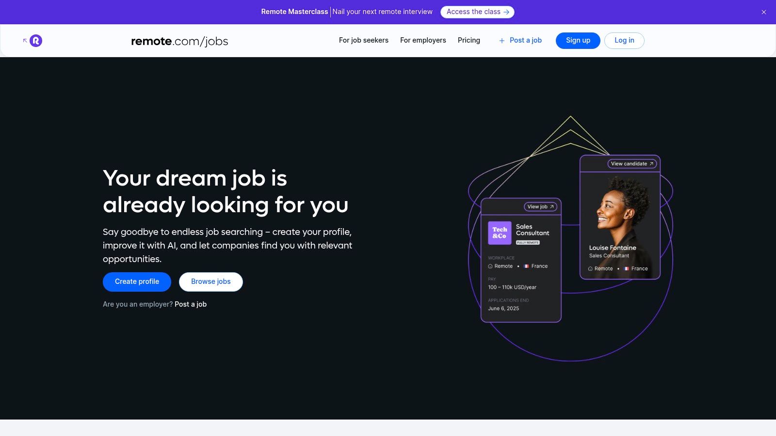 A screenshot of the Remote.com Jobs website, showcasing a clean interface with a search bar and a list of remote job opportunities.