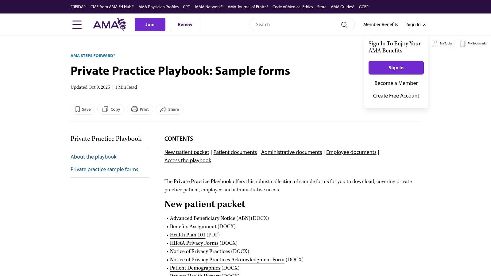 American Medical Association (AMA) — Private Practice Playbook sample forms