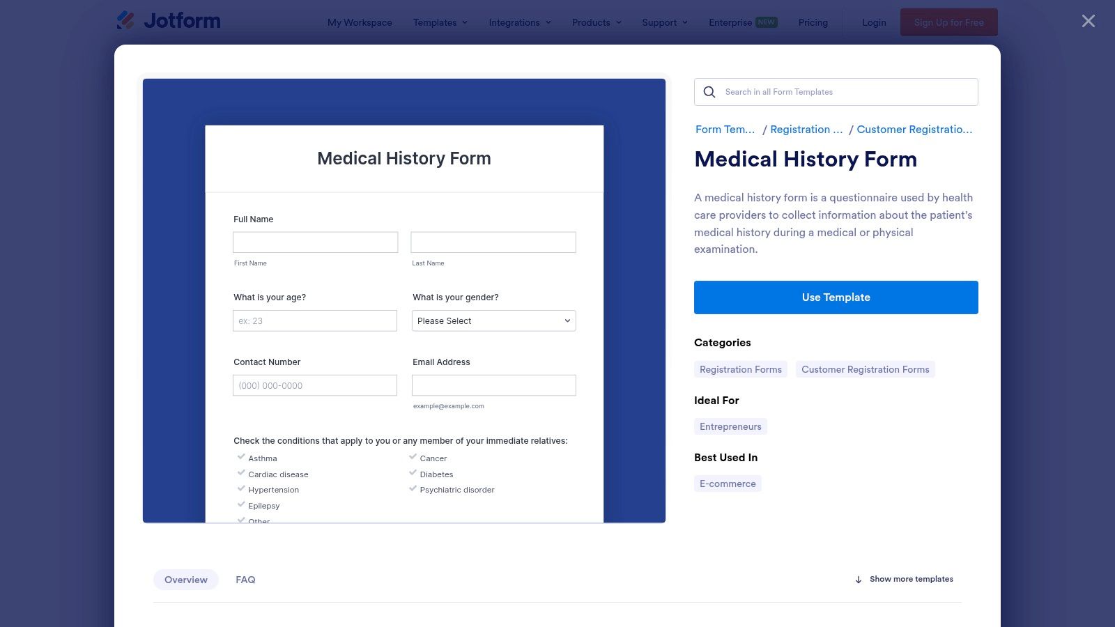 Jotform's medical history form template interface showing various fields like personal information, medical history, and allergies.