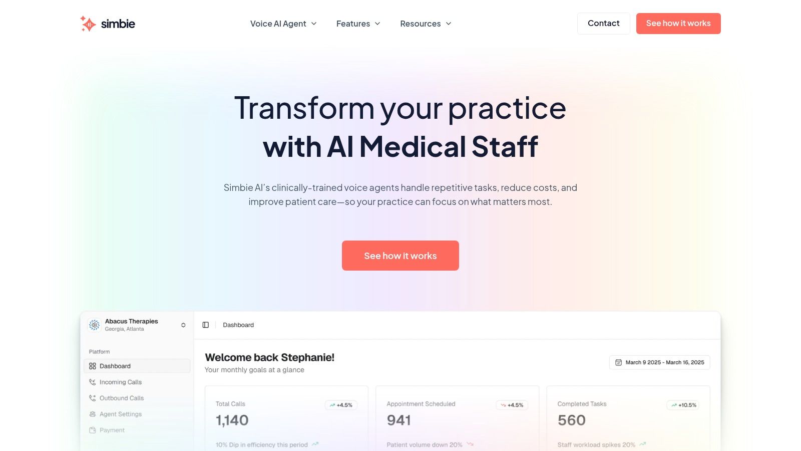 Simbie AI's platform showing its AI dashboard and analytics for healthcare companies