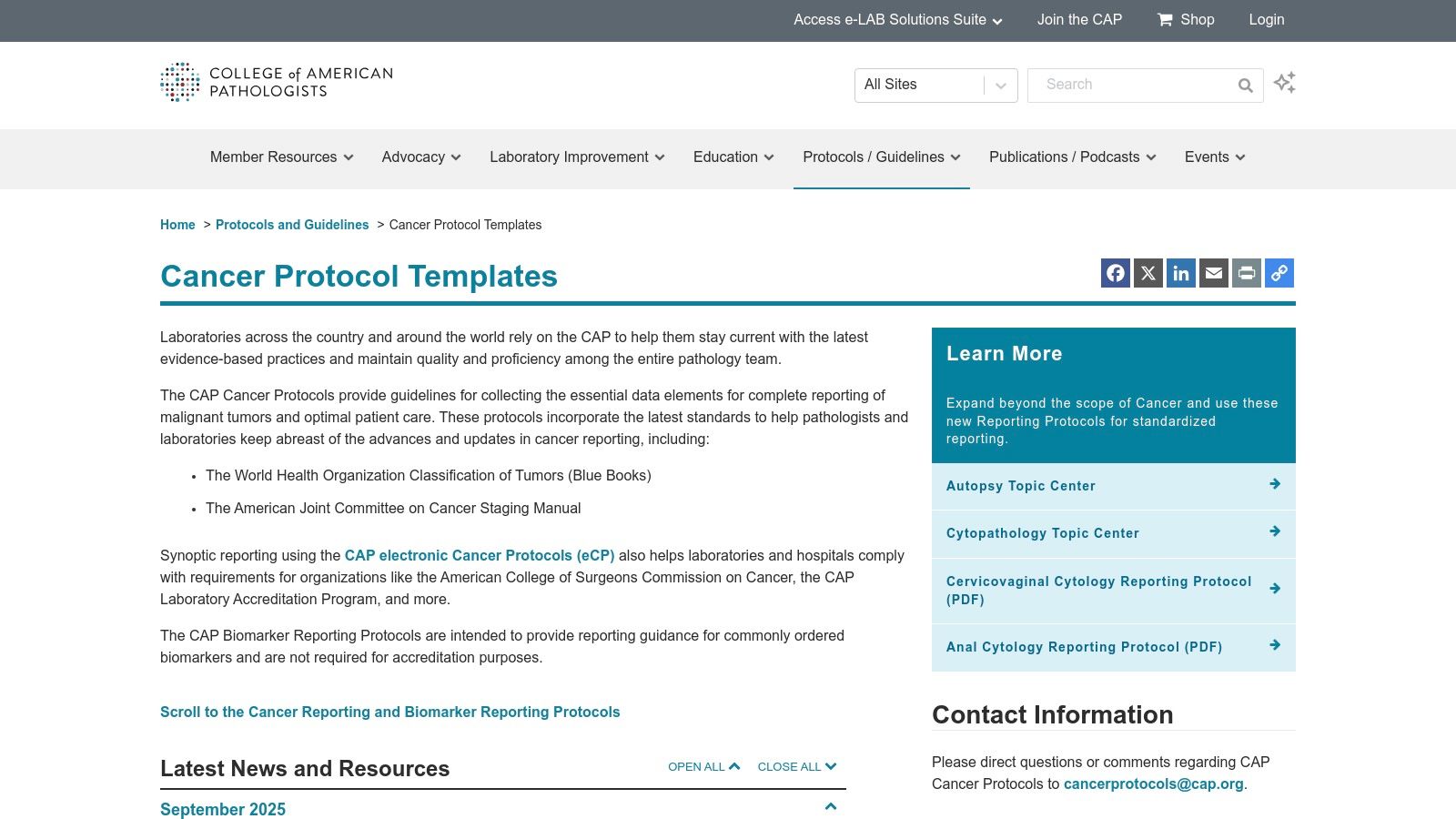 College of American Pathologists (CAP) – Cancer Protocol Templates