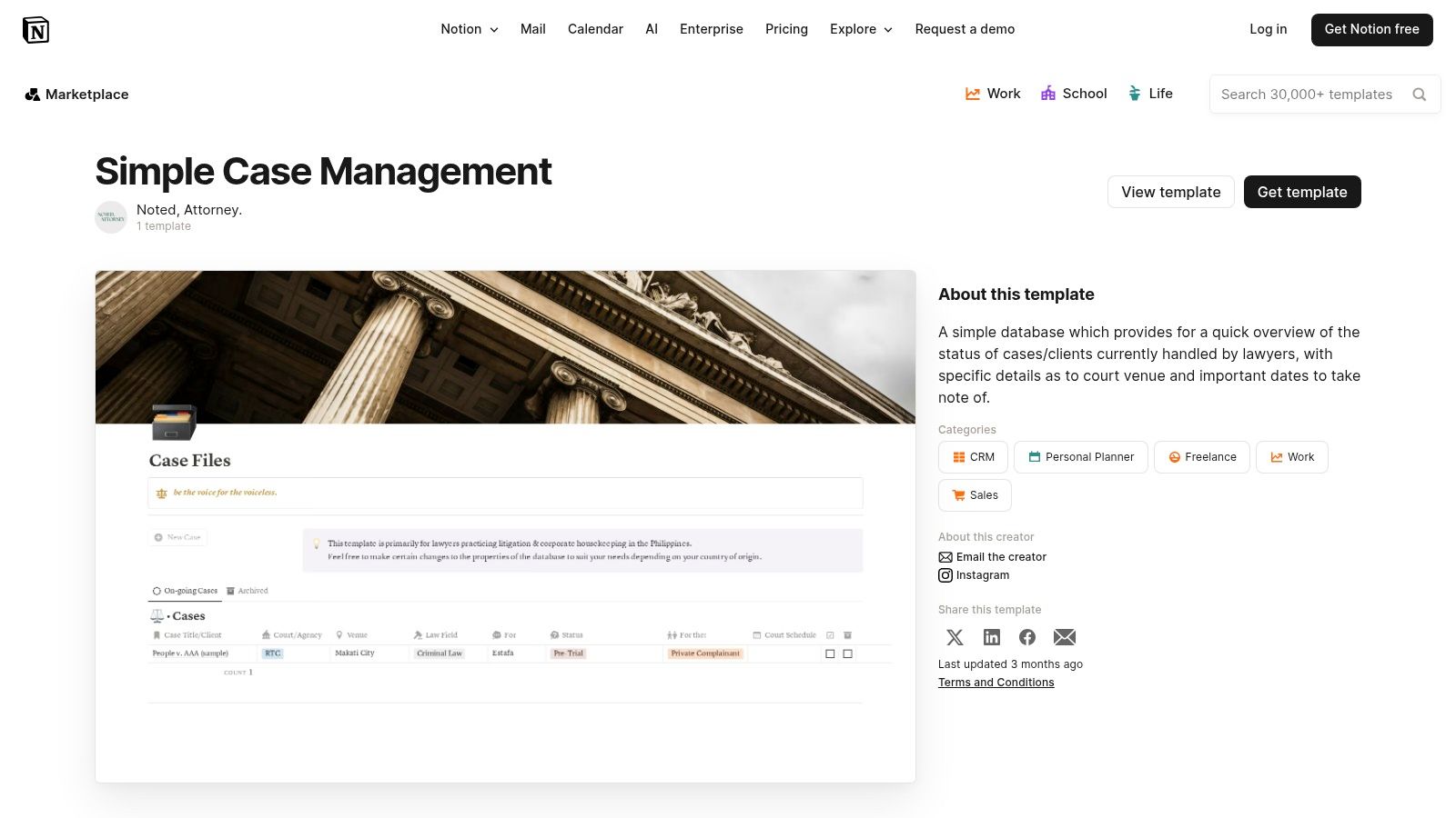 Notion Template Marketplace – Case Management